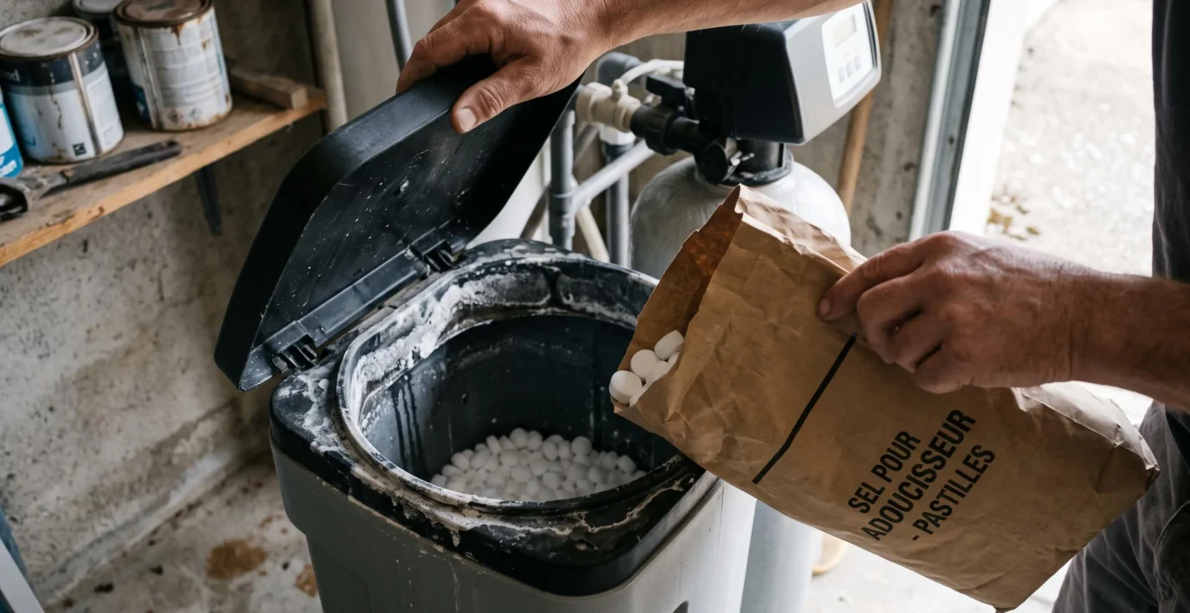 Une personne verse des sacs de sel dans le bac d'un adoucisseur d'eau classique dans un garage.