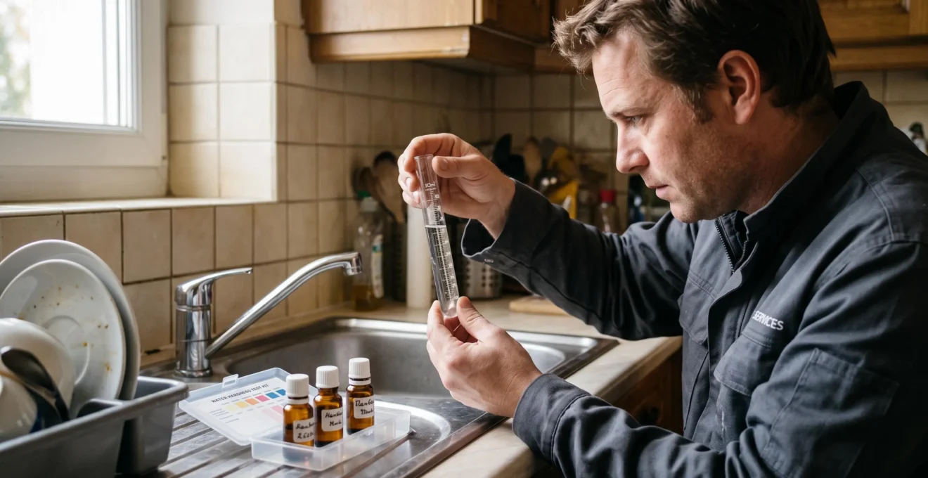 Un technicien mesure la dureté de l'eau du robinet avec un tube de test dans une cuisine.